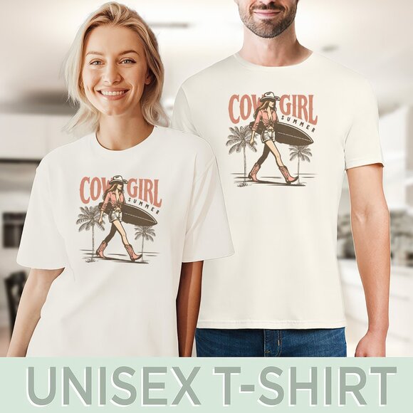 COWGIRL SUMMER Surfboard Palm Trees Graphic Tee T-Shirt - Picture 5 of 6